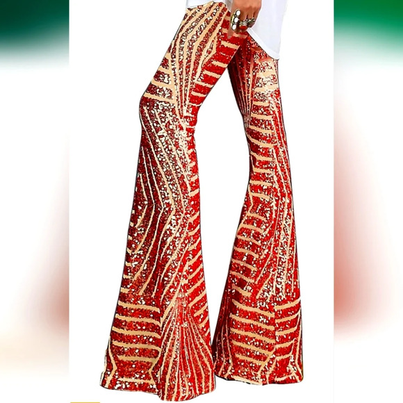 Amazon Pants - BLENCOT - Women's Glitter Sequin Wide Leg Palazzo High Waist Bell Bottoms